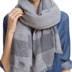 Tory Burch Solid Cashmere Logo Scarf, Winsor Gray, NWT